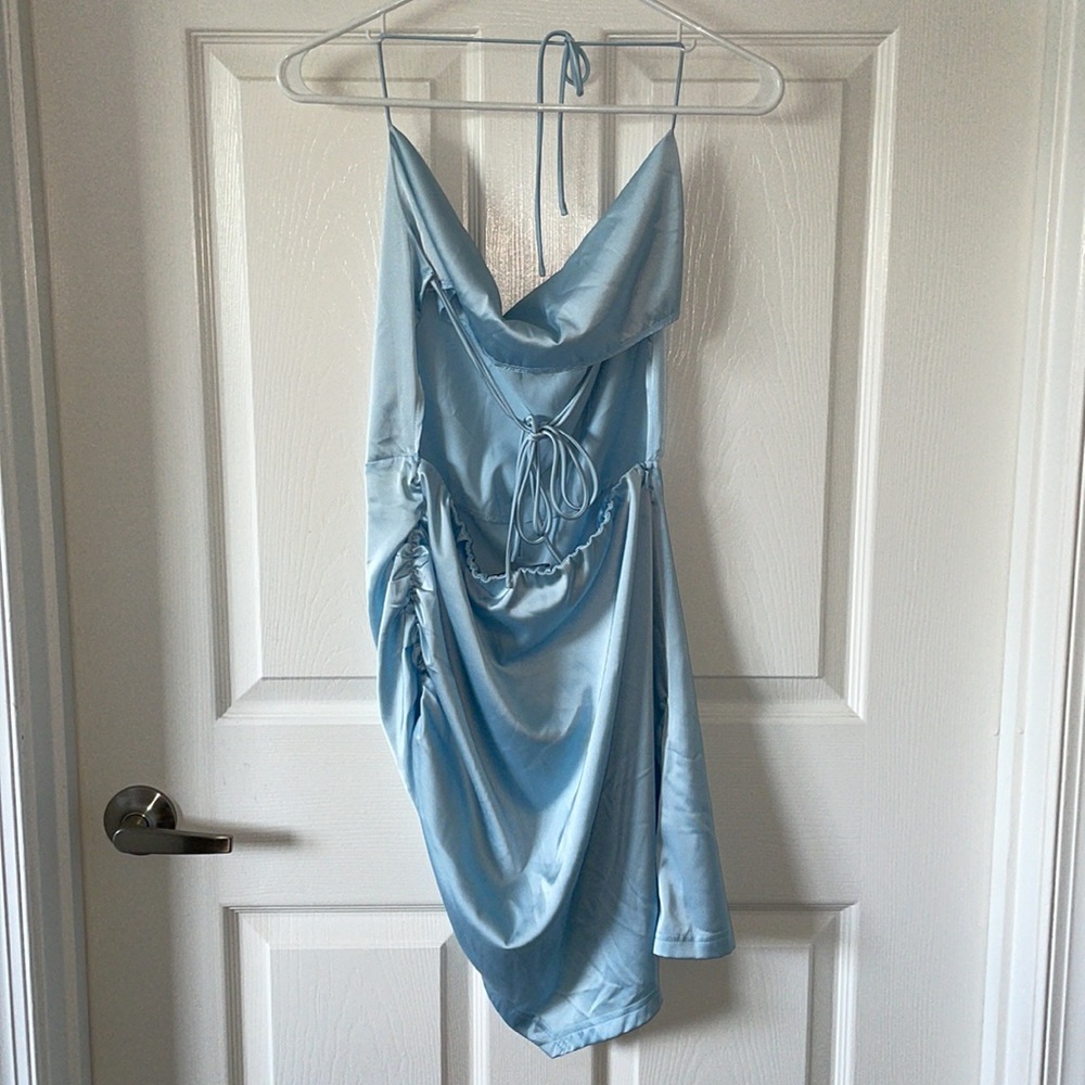 Cider Solid Cowl Neck Ruched Mini Dress, Large - Picture 3 of 8
